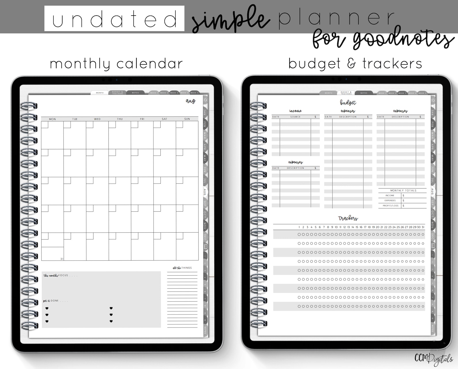 Portrait Undated Simple Planner in Gray Floral | Digital Planner - Etsy