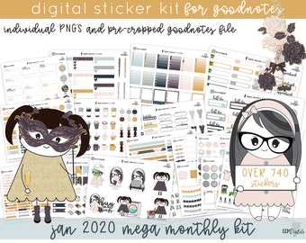 Jan 2020 Mega Monthly Kit Digital Planner Stickers | A New Years Mega Kit with Character Stickers, Functional Stickers, and More