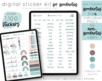 Digital Planner Essentials in Tranquil Sea Color Palette | Digital Planner Goodnotes Stickers | Pre-cropped Stickers