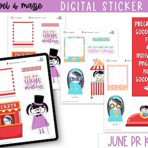May include: A digital sticker kit with a circus theme. The kit includes stickers of a girl with glasses and a top hat, a girl with a mask, a girl with a cotton candy cone, and a girl in a bumper car. The stickers are pre-cropped for Goodnotes and also available as individual PNGs for non-Goodnotes users.