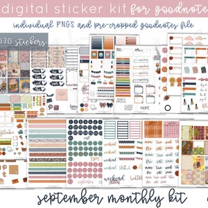 May include: A digital sticker kit for Goodnotes app with over 570 stickers in a fall theme. The kit includes a calendar, weekly and daily planner stickers, banners, and other decorative elements in shades of brown, green, blue, and pink.