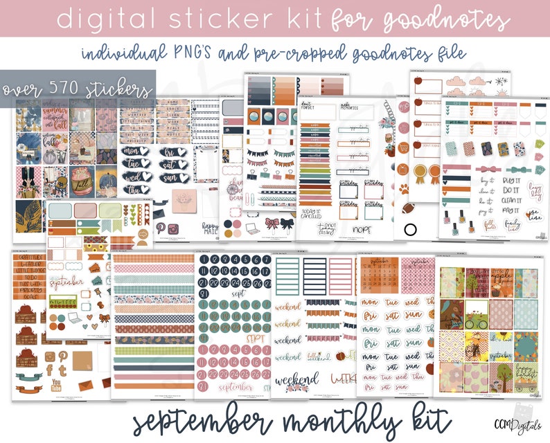 May include: A digital sticker kit for Goodnotes app with over 570 stickers in a fall theme. The kit includes a calendar, weekly and daily planner stickers, banners, and other decorative elements in shades of brown, green, blue, and pink.