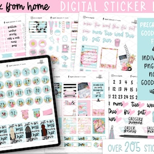 May include: A digital sticker kit for Goodnotes and other note-taking apps. The kit features over 205 stickers in a pastel pink and blue colour scheme with floral and work-from-home themes. The stickers include numbers, days of the week, and motivational quotes.
