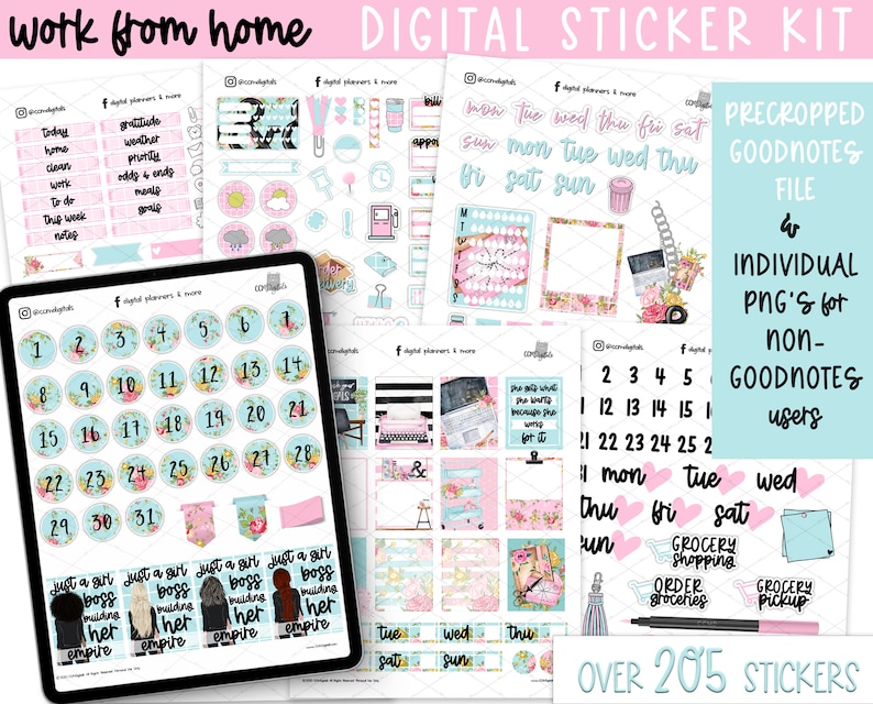 May include: A digital sticker kit for Goodnotes and other note-taking apps. The kit features over 205 stickers in a pastel pink and blue colour scheme with floral and work-from-home themes. The stickers include numbers, days of the week, and motivational quotes.