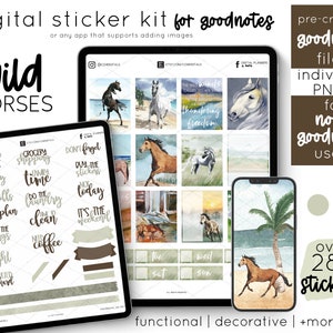 May include: Digital sticker kit for Goodnotes and other apps that support adding images. The kit features over 285 stickers with a wild horses theme. The stickers include functional and decorative elements, such as "Day Off", "Grocery Shopping Time", "Don't Forget Day", "Do the Laundry", "It's the Weekend", "Need Coffee", and "Thundering Freedom".