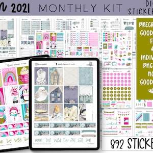 May include: A digital planner sticker kit for January 2021 with 892 stickers. The kit includes pre-cropped Goodnotes files and individual PNGs for non-Goodnotes users. The stickers feature a winter theme with owls, penguins, snowflakes, and houses.
