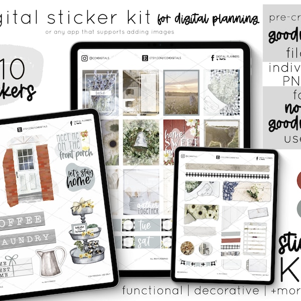 Farmhouse Vibes Digital Stickers for Planners - Vintage Rustic Mason Jars, Farm Animals, and Florals - Instant Download PNG files