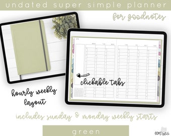 Green Landscape Undated Super Simple Minimalist Digital Planner for Goodnotes | Planner with Hourly Schedule | Daily and Weekly Pages