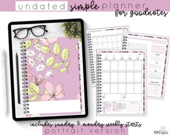 Portrait Undated Simple Planner in Pink Floral | Digital Planner for Goodnotes | Daily and Weekly Pages