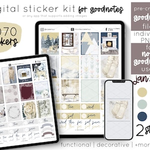May include: A digital sticker kit for Goodnotes app with 1,070 stickers in a winter theme. The kit includes pre-cropped individual PNG files for non-Goodnotes users. The stickers feature a variety of winter-themed illustrations, including snowflakes, trees, and a fireplace. The kit also includes functional stickers, such as days of the week and month labels. The stickers are available in two styles: functional and decorative.