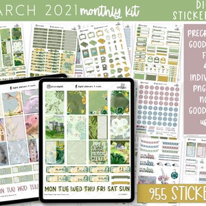 May include: A digital sticker kit for Goodnotes and other note-taking apps. The kit features a green and white color scheme with floral and castle illustrations. The kit includes 955 stickers, including pre-cropped Goodnotes stickers and individual PNG files for other apps. The kit is titled "March 2021 Monthly Kit".
