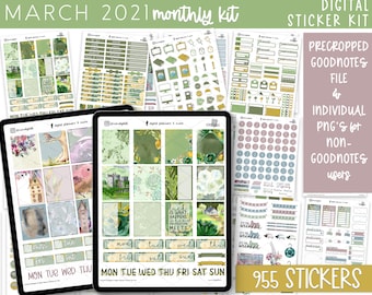 March 2021 Digital Planner Stickers | Includes Spring Floral and Bird Digital Stickers and Green Floral Stickers