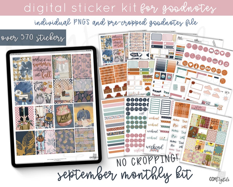 May include: A digital sticker kit for Goodnotes app with over 570 stickers featuring a fall theme. The kit includes individual PNGs and a pre-cropped Goodnotes file. The stickers feature a variety of fall-themed designs, including pumpkins, leaves, and autumn colors.