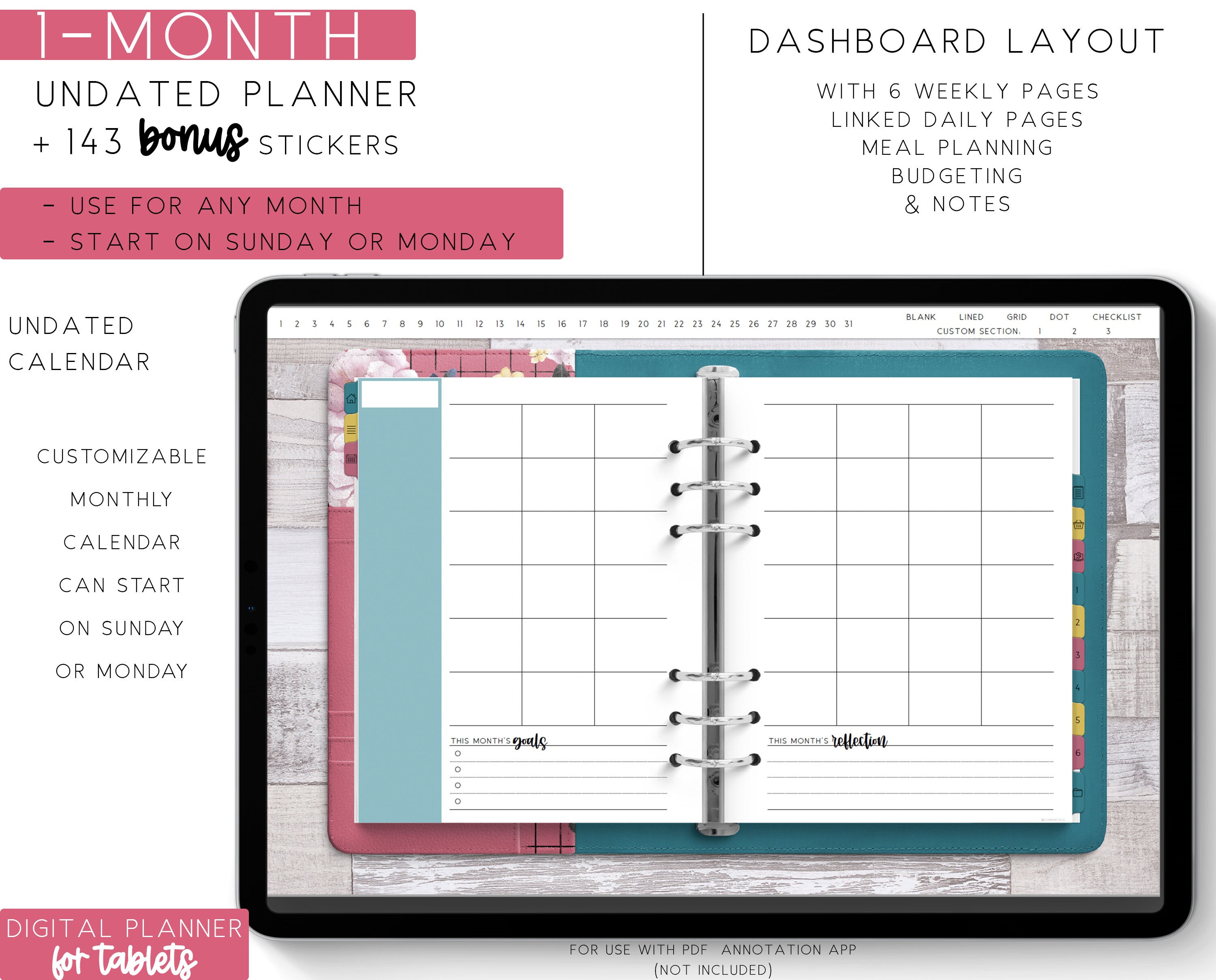 Floral Undated 1-month Digital Planner | Geometric Patterns | Dashboard ...