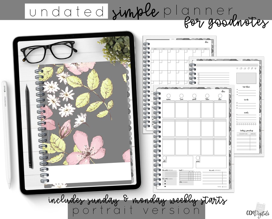 Portrait Undated Simple Planner in Gray Floral | Digital Planner - Etsy