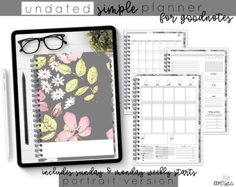 Portrait Undated Simple Planner in Gray Floral | Digital Planner