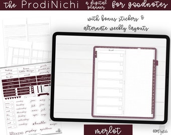 May include: Digital planner for Goodnotes in Merlot color. Includes bonus stickers and alternate weekly layouts. The planner features a weekly layout with sections for each day, plus stickers for notes, to-do lists, and more.
