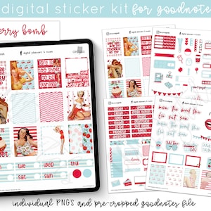 Digital Planner med Cherry Bomb-klistermärken i vintagestil | Ett roligt digitalt klistermärkeskit med körsbärstema