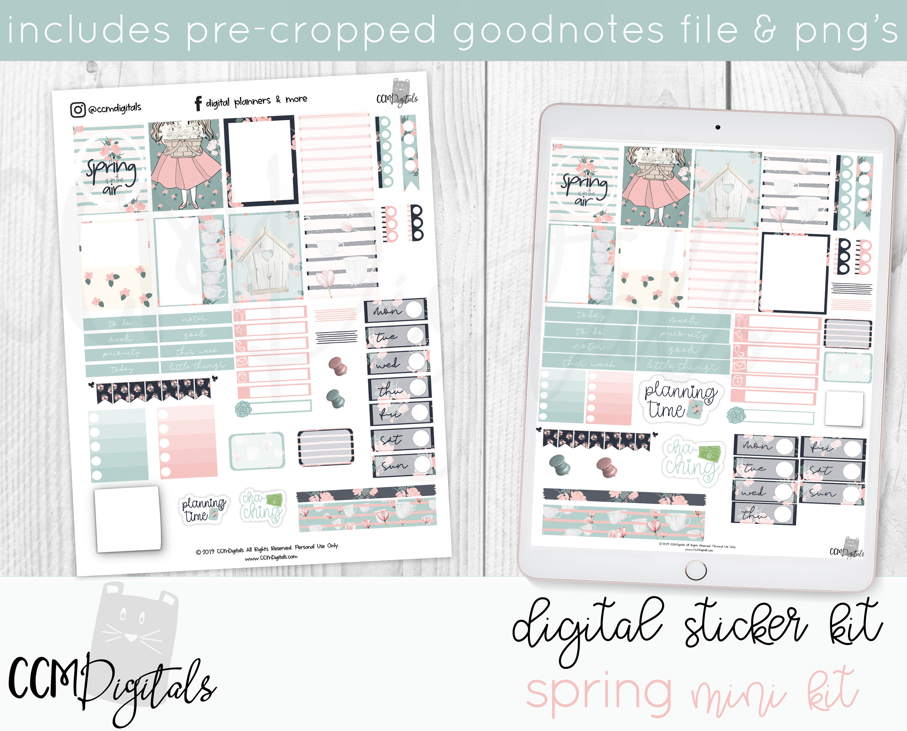 Lente digitale planner stickers | Goodnotes-stickers | iPad digitale stickerset | Digitale dagboeksticker | PNG-stickers voor Goodnotes