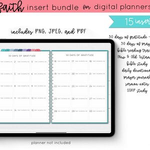 K&ouml;nnte beinhalten: Ein digitales Planer-Einsatzpaket mit 15 druckbaren Seiten f&uuml;r das F&uuml;hren eines Glaubensjournals. Das Paket enth&auml;lt 30 Tage Dankbarkeitstracker, 30 Tage Gebetstracker, Bibellesetracker, Bibellernseiten, t&auml;gliche Andachtsseiten, Gebetsjournalseiten, Predigtnotizen und SOAP-Studien. Das Bild zeigt einen digitalen Planer, der auf zwei Seiten ge&ouml;ffnet ist, mit einem 30-Tage-Dankbarkeitstracker auf jeder Seite. Die Seiten sind mit einem hellblauen Rand und einem wei&szlig;en Hintergrund gestaltet. Der Text "30 Days of Gratitude" ist oben auf jeder Seite gedruckt. Der Text "15 inserts" ist in der oberen rechten Ecke des Bildes gedruckt. Der Text "includes PNG, JPEG, and PDF" ist in der oberen linken Ecke des Bildes gedruckt. Der Text "planner not included" ist unten im Bild gedruckt.