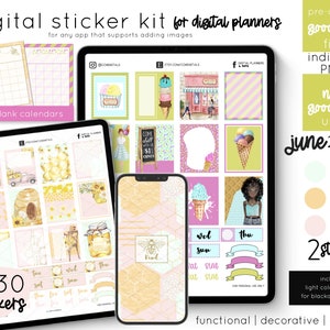 Digitale plannerstickers - juni, bijen + ijsthema&#39;s, zomer, dagboek, digitale planning, maandelijkse kit, PNG-bestanden voor GoodNotes en meer