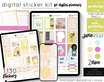 Digital Planner Stickers - June, Bees + Ice Cream Themes, Summer, Journal, Digital Planning, Monthly Kit, PNG Files for GoodNotes and more