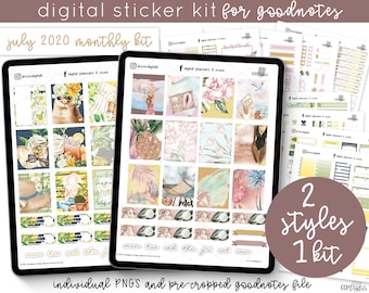 July 2020 Monthly Kit Digital Planner Stickers | Summer Beach and Garden Themed Digital Sticker Kit