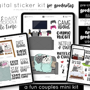 May include: A digital sticker kit for Goodnotes featuring illustrations of couples enjoying various activities like watching movies, playing games, and cuddling. The stickers are pre-cropped and come in individual PNG files.