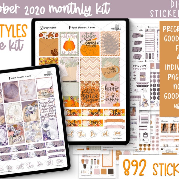 October 2020 Digital Planner Stickers | Monthly Digital Planner Stickers with Part 1 + Part 2 | Purple Autumn Stickers