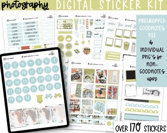 May include: A digital sticker kit for Goodnotes and other digital planners featuring over 170 stickers with a photography theme. The stickers are in a light blue and green color scheme and include images of cameras, film, and other photography-related items. The kit also includes a calendar, a to-do list, and other organizational stickers.