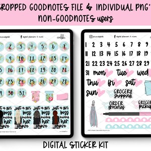 May include: A digital sticker kit for Goodnotes and other note-taking apps. The kit includes a variety of stickers, including numbers, days of the week, hearts, a grocery shopping trolley, and a note. The stickers are in a pastel colour scheme with floral accents.