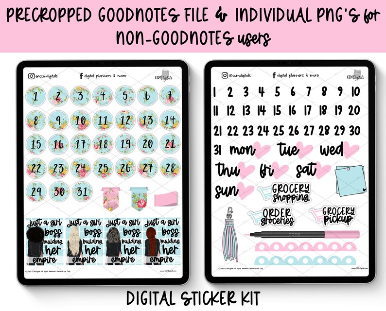 May include: A digital sticker kit for Goodnotes and other note-taking apps. The kit includes a variety of stickers, including numbers, days of the week, hearts, a grocery shopping trolley, and a note. The stickers are in a pastel colour scheme with floral accents.