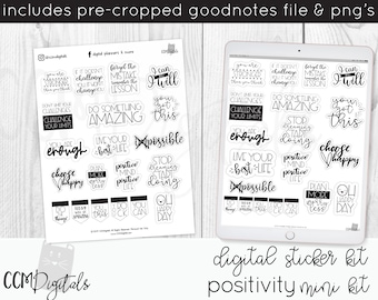 Zwart-witte digitale plannerstickers | Positieve en motiverende digitale stickers in zwart-witthema