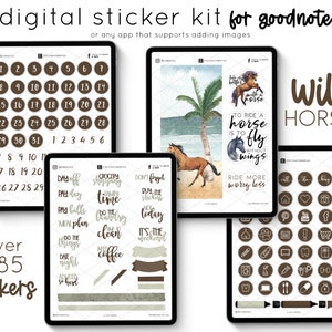May include: Digital sticker kit for the Goodnotes app with over 285 stickers featuring a wild horse theme. The kit includes a variety of stickers, including numbers, days of the week, and icons. The stickers are in a brown and white colour scheme.
