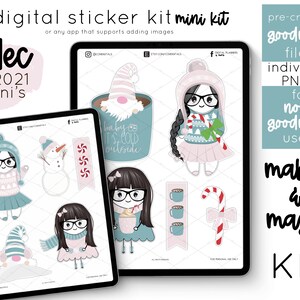May include: Digital sticker kit mini kit with winter-themed illustrations. Includes images of a snowman, gnome, and characters in winter attire. The text includes "dec 2021 mini's" and "baby it's cold outside".