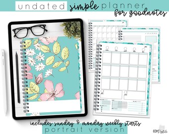 Portrait Undated Simple Planner in Blue Floral | Digital Planner With Daily and Weekly Pages