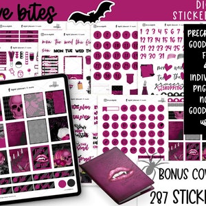 May include: A digital sticker kit with a Halloween theme. The kit includes 287 stickers in a variety of designs, including skulls, bats, pumpkins, and lips. The stickers are pre-cropped for use with Goodnotes and are also available as individual PNG files for other users. The kit also includes a bonus cover.