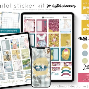 May include: A digital sticker kit for digital planners featuring over 1,150 stickers in two styles. The kit includes a variety of stickers, including floral designs, swans, and text boxes. The stickers are pre-cropped for use in the Goodnotes app and are also available as individual PNG files for other apps. The kit is designed for use in August 2022.
