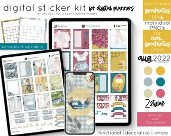 Digital Planner Stickers - August, Farmhouse & Floral Summer Themes, Bullet Journal, Monthly Kit, Matching Planner, PNG Files for GoodNotes