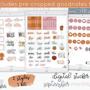 May include: A digital sticker kit for September with over 570 stickers. The kit includes two styles of stickers, one with a fall theme and one with a more general theme. The stickers are pre-cropped for use in the Goodnotes app.