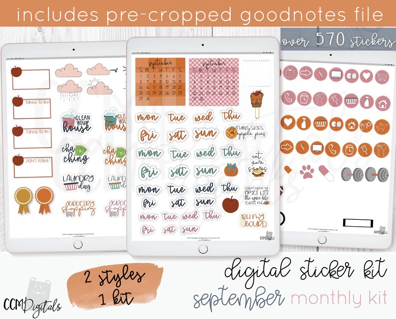 May include: A digital sticker kit for September with over 570 stickers. The kit includes two styles of stickers, one with a fall theme and one with a more general theme. The stickers are pre-cropped for use in the Goodnotes app.