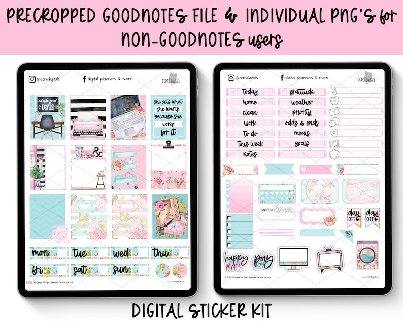 May include: A digital sticker kit for Goodnotes and other note-taking apps. The kit features a variety of stickers in pink, blue, and green with floral and geometric patterns. The stickers include a variety of text boxes, labels, and decorative elements. The kit also includes a set of stickers with the days of the week.
