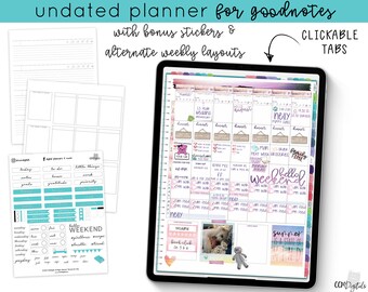 May include: A digital planner for Goodnotes app with clickable tabs, weekly layouts, and bonus stickers. The planner features a pink, purple, and blue color scheme with a variety of stickers and illustrations. The planner is undated and can be used for any year.