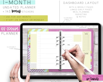 Undated 1-Month Digital Planner | Colorful Ice Cream Planner | Dashboard Layout For Goodnotes, iPad, Tablets, Android