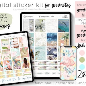 Op de afbeelding: Een digitale stickerset voor de Goodnotes-app met meer dan 970 stickers in twee stijlen. De stickers hebben een tropisch thema met flamingo's, palmbomen en oceaan golven. De set bevat individueel gecropte PNG-bestanden voor gebruik in andere apps.