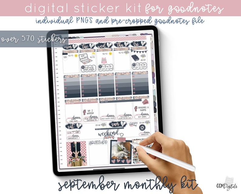 May include: A digital sticker kit for Goodnotes app, featuring over 570 stickers in a blue and pink color scheme. The kit includes a variety of stickers for planning, journaling, and note-taking. The stickers are pre-cropped and ready to use in Goodnotes.
