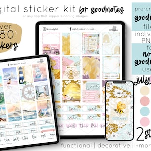 July 2021 Digital Planner Stickers | Monthly Digital Sticker Kit | Includes Sailing Out To Sea Stickers and Vibrant Purple Bee Stickers