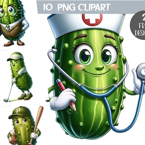 May include: A set of four cartoon pickle illustrations. The pickles are wearing different costumes, including a doctor's uniform, a baseball uniform, a golfer's outfit, and a teacher's outfit. The illustrations are in a cartoon style and are colorful.