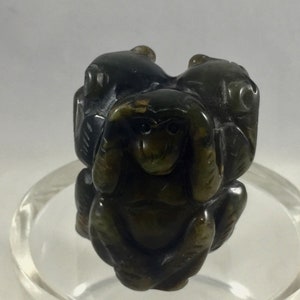 Vintage Three Wise Monkeys Green Stone Figurine, See No Evil, Good Luck Charm Amulet, Polished Serpentine, Hand-Carved