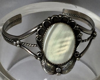 Genuine Navajo Vintage Mother of Pearl Sterling Silver Scroll Cuff Bracelet, Yazzie Style, White Shell